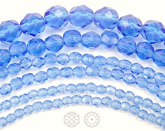 6mm (68pcs) Light Sapphire, Czech Fire Polished Round Faceted Glass Beads, 16 inch strand, light blue