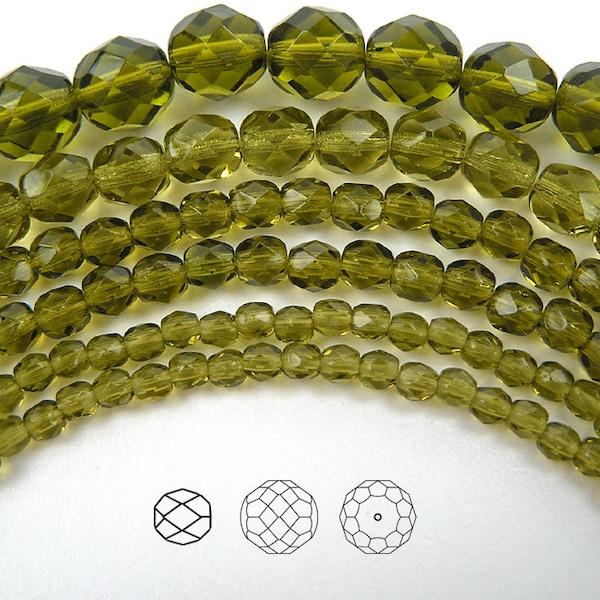 Olivine Czech Fire Polished Round Faceted Glass Beads 16 inch 3mm 4mm 6mm 8mm 10mm 12mm Traditional Preciosa olive green fire polish beads