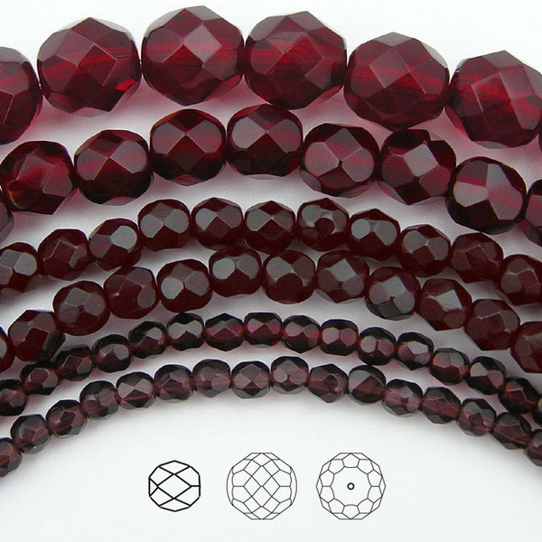 Garnet Dark Siam Czech Fire Polished Round Faceted Glass Beads 16 inch 3mm 4mm 6mm 8mm 10mm 12mm Traditional Preciosa Deep Red Beads