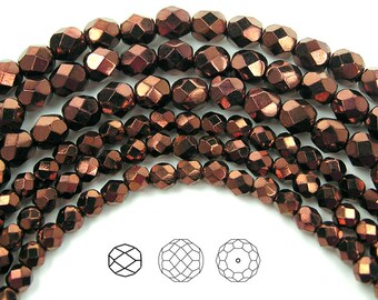 4mm (102pcs) Jet Bronze coated, Czech Fire Polished Round Faceted Glass Beads, 16 inch strand