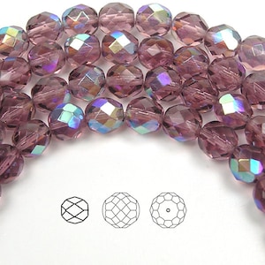Licht Amethyst AB beschichtet Tschechische feuerpolierte runde facettierte Glasperlen 16-Zoll-Strang 4 mm 6 mm 8 mm 10 mm 12 mm Traditionelle Preciosa lila