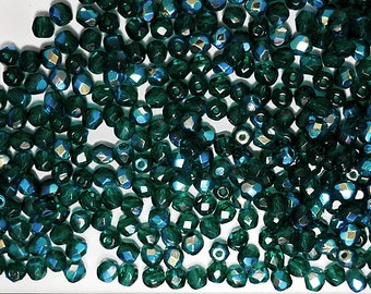 Emerald AB coated, Preciosa Czech Fire Polished Round Faceted Glass Beads, loose wholesale Fire Polish dark green beads 3mm 4mm 6mm