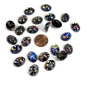 Black FireOpal Silver Inlaid Vintage Czechoslovakian Glass Medium Dome Oval Cabochons 24 pieces size 16x12mm in original packaging J729