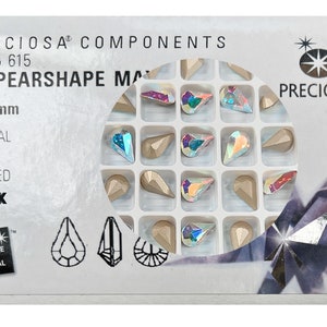 Crystal AB, Preciosa Czech MC PEARSHAPE Maxima Pointed Back Rhinestones style 435-15-615 en taille 10x6mm, 12 pièces, Silver Foiled, P916