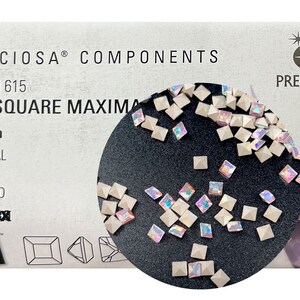Crystal AB, Preciosa Czech MC SQUARE Maxima Pointed Back Rhinestones style 435-23-211 in size 5x5mm, 36 pieces, Silver Foiled, P915