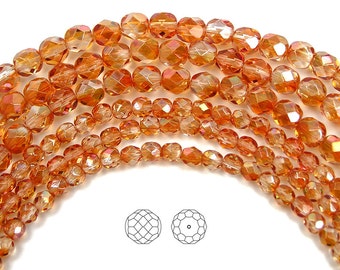 Crystal Apricot Medium coated Czech Fire Polished Round Faceted Glass Beads 16 inch Preciosa 3mm 4mm 6mm 8mm Traditional Preciosa Beads