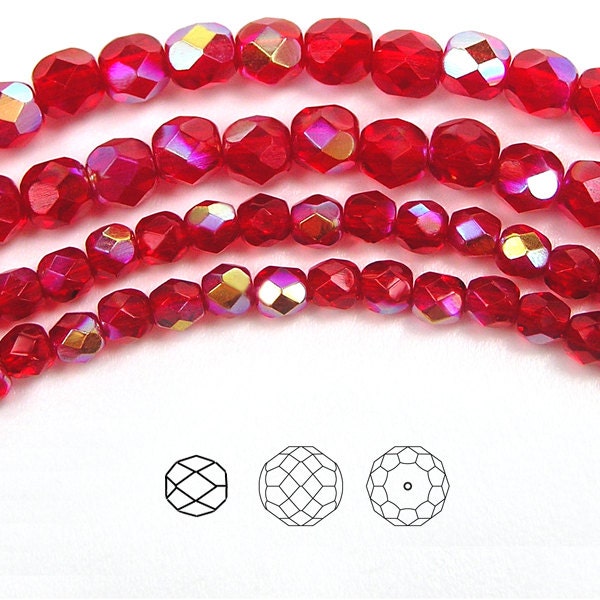 Light Siam AB coated Czech Fire Polished Round Faceted Glass Beads 16 inch 3mm 4mm 6mm 8mm 10mm 11mm Traditional Preciosa light red AB