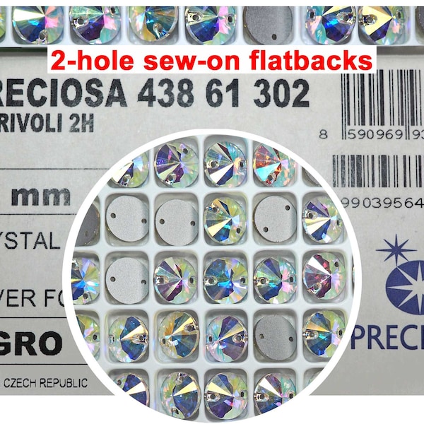 Crystal AB, Preciosa Czech MC RIVOLI Flatback 2-hole Sew-on Stones Style #438-61-302 Silver Foiled, sizes 10mm and 12mm