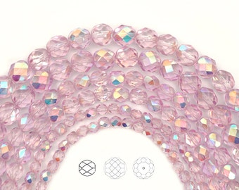 Crystal Pink Shimmer AB coated Czech Fire Polished Round Faceted Glass Beads 3mm 4mm 6mm 8mm Traditional Preciosa Pink Aurora Borealis