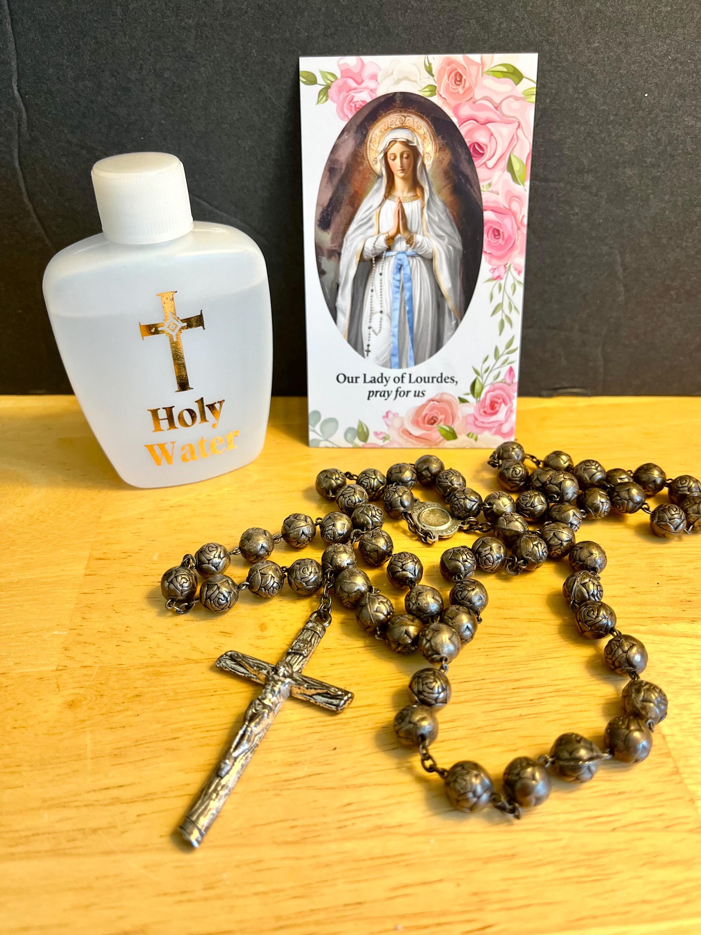 Catholic Religious Three Items, Rosary, Holy Water, Holy Card