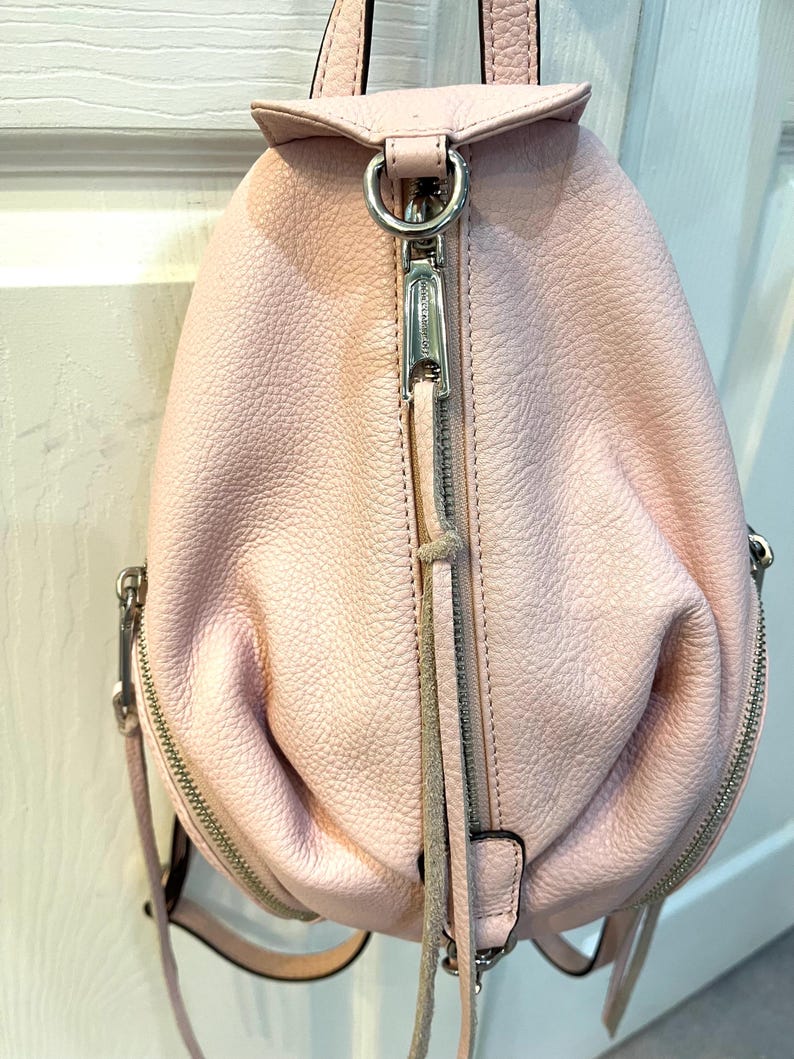 Op de afbeelding: Een lichtroze leren rugzak met zilverkleurige hardware. De kleine rugzak heeft een handvat aan de bovenkant, een ritssluiting aan de voorkant en twee ritssluitingen aan de zijkanten. De tas heeft een getextureerd oppervlak en een kleine kwast.