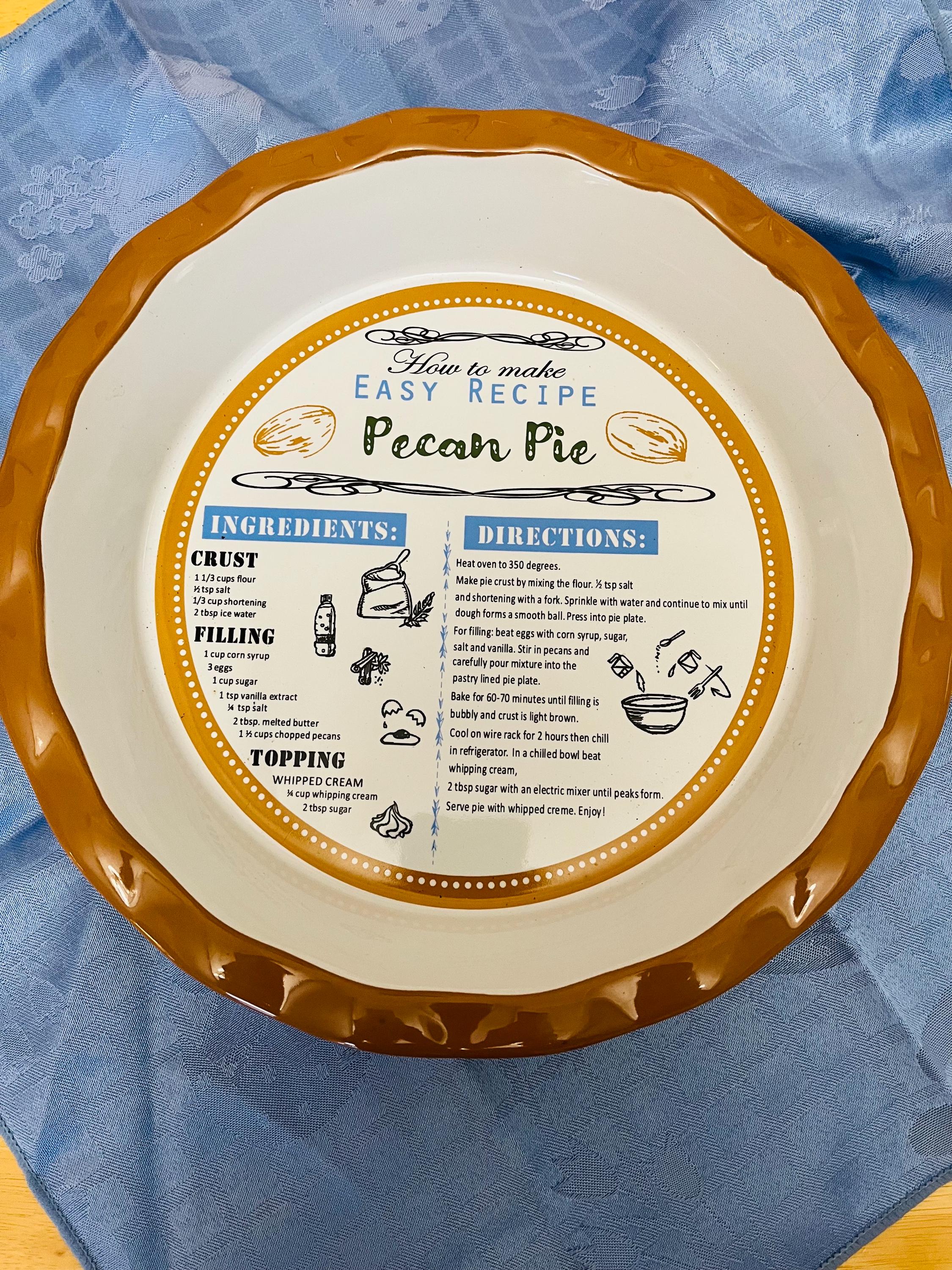 Vintage Pecan Pie Plate, Heavy and Shiny with Recipe in Center of Bakeware