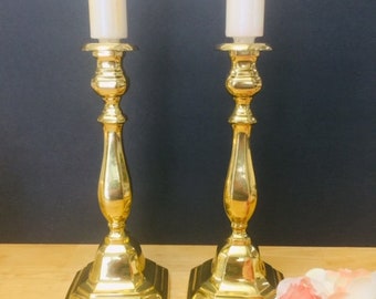 A Pair of Brass vintage tall Candlestick Holders, with a hexagonal base
