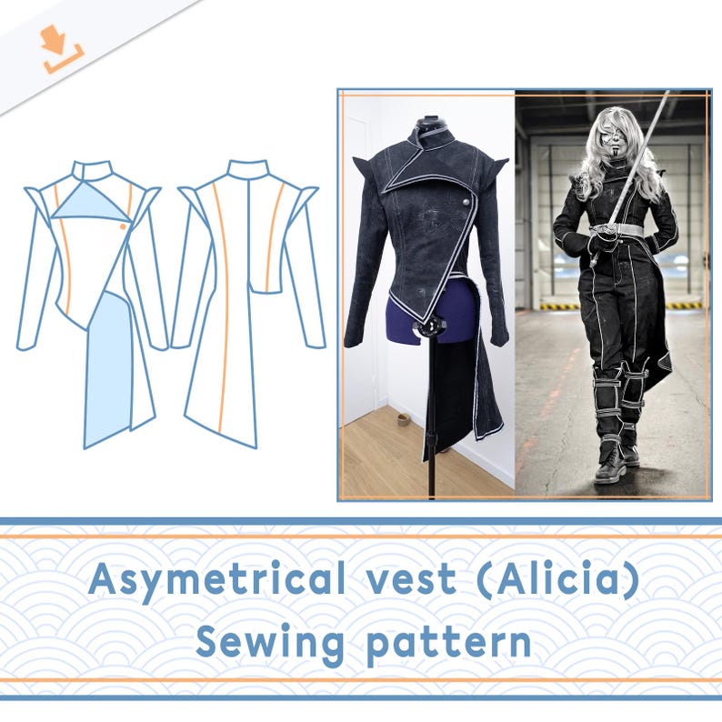 May include: An asymmetrical black vest with white trim, displayed on a mannequin and worn by a person. The vest features a unique design with a high collar and angled front. The image also includes a sewing pattern diagram and the text "Asymetrical vest (Alicia) Sewing pattern."
