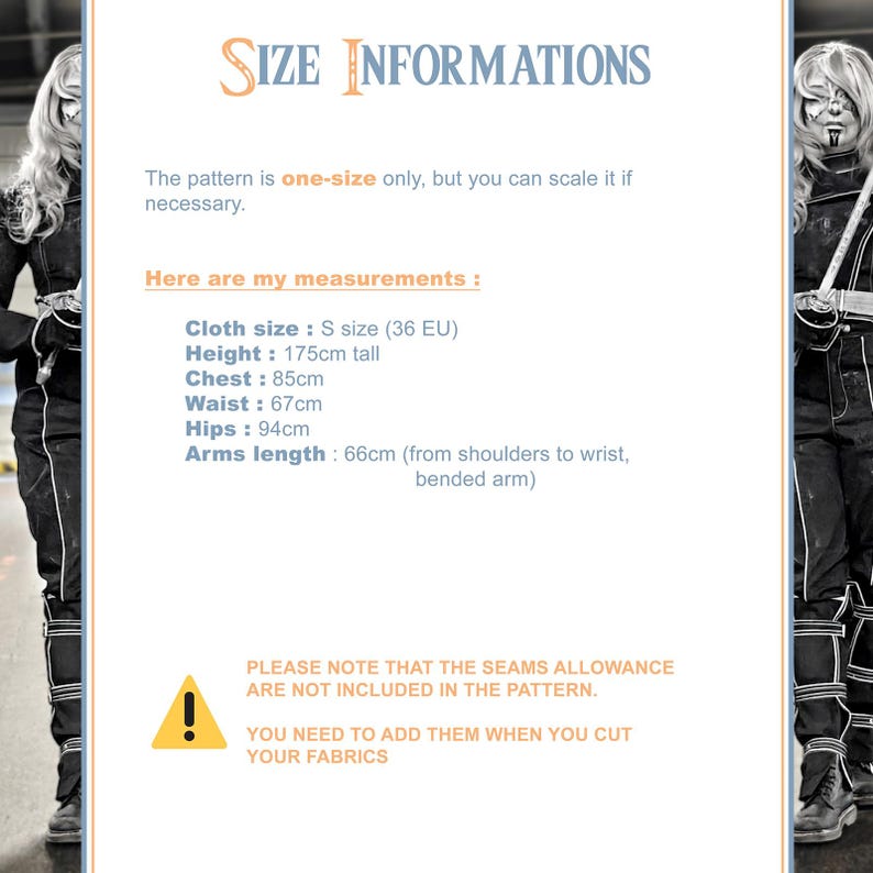 May include: A white background with the text "SIZE INFORMATIONS" in a decorative font. The text includes measurements in centimeters for height, chest, waist, hips, and arm length. The text also states the pattern is one-size only.