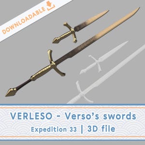 May include: Two gold and brown swords with cross-shaped hilts and pointed blades are displayed against a gray background. The swords have intricate designs on the blades. The text "DOWNLOADABLE" is in the upper left corner. The text "VERLESO - Verso's swords" is at the bottom.