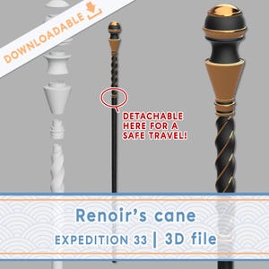 Può includere: Un bastone nero e oro con un design staccabile per un viaggio sicuro. Il bastone ha un'asta attorcigliata e una parte superiore decorativa. Il testo sull'immagine recita "Renoir's cane" e "EXPEDITION 33 | 3D file".