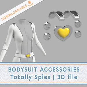 May include: 3D printable files for a white and gray bodysuit with a yellow heart belt buckle, two silver shoulder straps, two silver wrist cuffs, and four silver circular pieces.  Totally Spies 3D file.