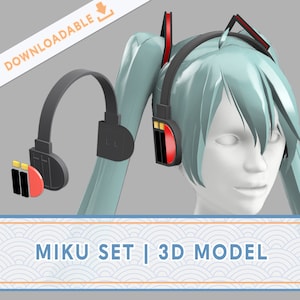 May include: A 3D model of a character wearing a black and red headset with a black and red headband. The character has long turquoise hair in two pigtails. The headset has a red and black design with a red and black headband. The character has a white face with a neutral expression. The model is labeled "MIKU SET I 3D MODEL".
