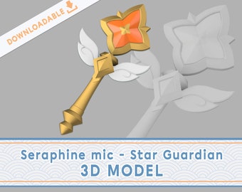 May include: A gold-colored Seraphine mic, a 3D model, with a star-shaped head featuring an orange gem. The design includes white wing-like accents. The text "DOWNLOADABLE" is in the upper left corner.
