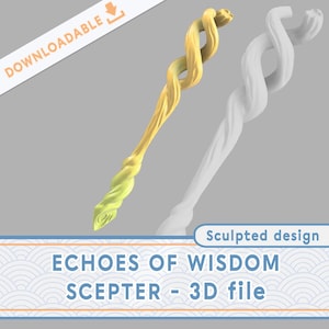 May include: A 3D printable model of a golden scepter with a twisted design. The scepter is called "Echoes of Wisdom Scepter" and is available as a 3D file.