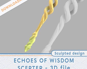 May include: A 3D printable model of a golden sceptre with a twisted design. The sceptre is called "Echoes of Wisdom Sceptre" and is available as a 3D file.