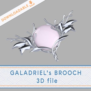 May include: A silver brooch with a delicate floral design and a pink pearl in the center. The brooch is a 3D file that can be downloaded.