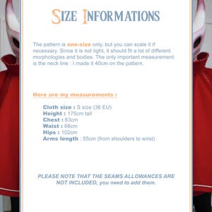 May include: A red garment with a white trim and a white mask. The image includes size information, stating the pattern is one-size, with measurements: height 175cm, chest 83cm, waist 68cm, hips 102cm, and arm length 55cm.