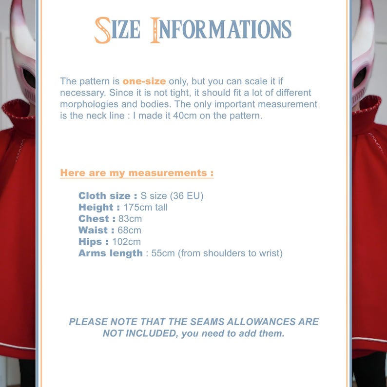 May include: A red garment with a white trim and a white mask. The image includes size information, stating the pattern is one-size, with measurements: height 175cm, chest 83cm, waist 68cm, hips 102cm, and arm length 55cm.
