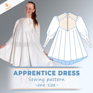 Puede incluir: Un vestido blanco de manga larga, cuello alto y una fila central de botones, acompañado de un dibujo técnico del diseño. El texto dice APPRENTICE DRESS Sewing pattern -one size- en letras azules y blancas sobre fondo claro.