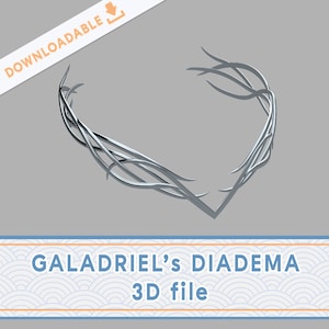 May include: A silver 3D model of Galadriel's diadema from The Lord of the Rings. The diadema is a crown with a delicate, intricate design.
