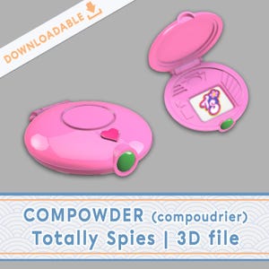 May include: A pink, oval-shaped, handheld device with a green button and a heart-shaped design. The device is open to reveal a small screen with the text "Totally Spies" and a flower graphic.