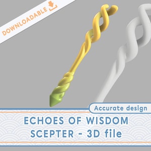 May include: A 3D render of a scepter with a twisted design. The scepter is yellow and green, with a spiraling shaft and a curved top. The text "Echoes of Wisdom Scepter - 3D file" is displayed at the bottom of the image.