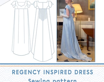 May include: A sewing pattern for a Regency-inspired dress. The pattern includes a front and back view of the dress, as well as a photo of a woman wearing a similar dress.