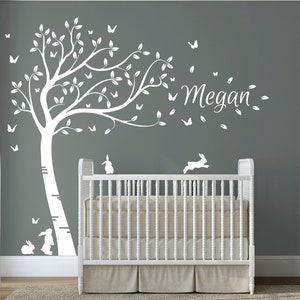 Personalised Name with Full Size Customisible Beautiful Bunny Rabbits and Butterflies Tree. Nursery Room Wall Art Decal Sticker.