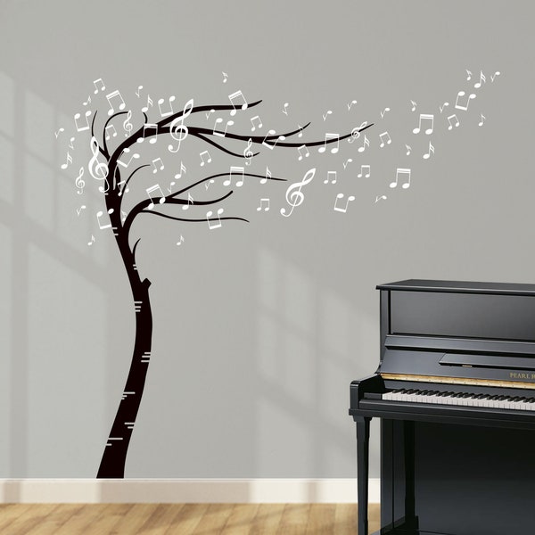 Árbol de notas musicales de barrido. Adhesivo decorativo para pared de calidad. Opciones de color disponibles. Perfecto para tu sala de música.