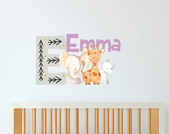 Watercolour Personalised  Elephant, Giraffe and Rhino Animals with Name and Initial. Wall Art Decal Sticker. Size and Colour Options.