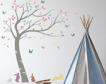 Pastel Bunny Tree Wall Decal: Nursery Kids Room Decor
