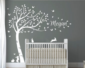 Personalised Name with Full Size Customisible Beautiful Bunny Rabbits and Butterflies Tree. Nursery Room Wall Art Decal Sticker.