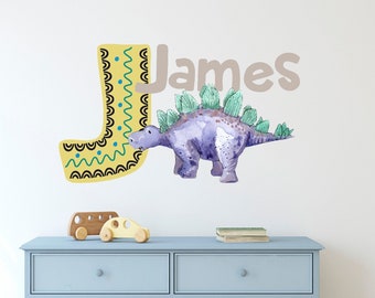 Watercolour Personalised Cute Dinosaur with Name and Initial. Wall Art Decal Sticker. Size and Colour Options.