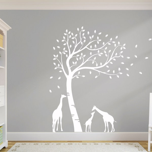 Large Full Size Customisable Beautiful Family Of Giraffes Tree. Nursery Room Wall Art Decal Sticker. Custom Colours Available. Safari Decor