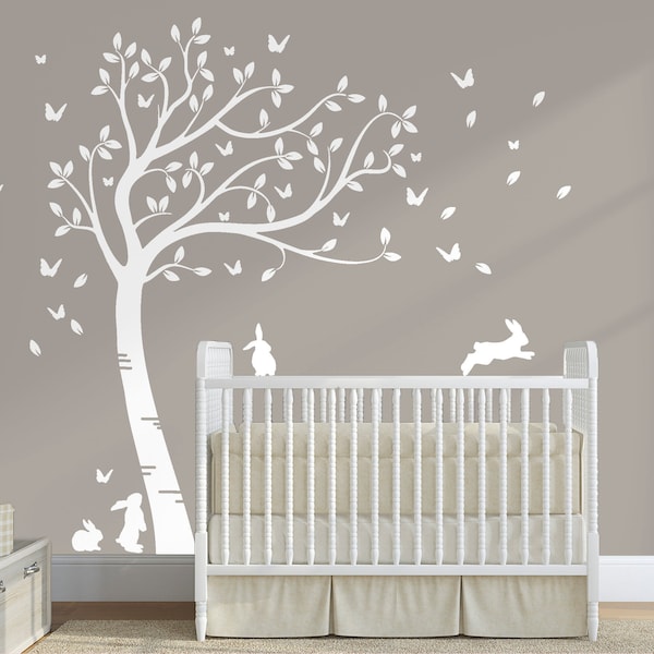 Large Full Size Customisable Beautiful Bunny Rabbits and Butterflies Tree. Nursery Room Wall Art Decal Sticker. Custom Colours Available.