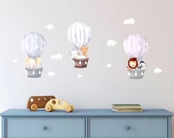 Peel & Stick Watercolour Cute Animals in Air Balloons.Nursery Room Wall Art Decal Sticker Pack. SP02