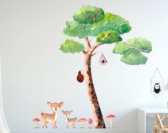 Watercolour Four Seasons Forest Tree with deer, hedgehog and birdhouse. Spring, Summer, Autumn and Winter. Wall Art Decal Sticker.