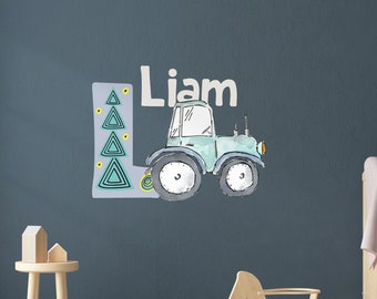 Watercolour Personalised  Cute Old Style Tractor with Name and Initial. Wall Art Decal Sticker. Size and Colour Options.