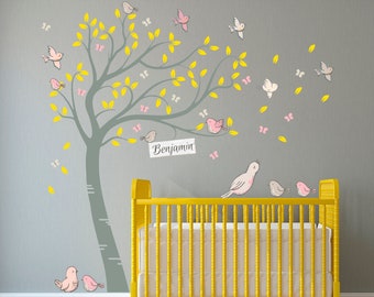 Personalised Luxury Full Sized Family Of Cute Birds and Butterflies Tree. Nursery Room Wall Art Decal Sticker.