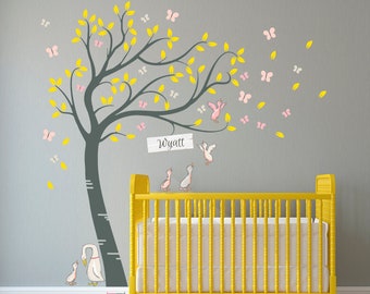 Personalised Luxury Full Sized Family Of Cute Ducks and Butterflies Tree. Nursery Room Wall Art Decal Sticker.