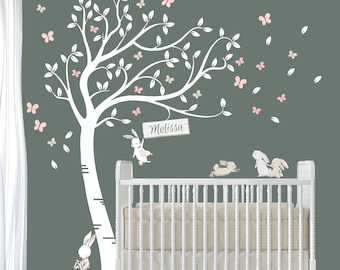 Personalised Luxury Full Sized Family Of Cute Bunnies and Butterflies Tree. Nursery Room Wall Art Decal Sticker.