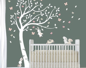 Luxury Full Sized Pastel Water Coloured Playful Bunny Rabbits Tree. Nursery Home Decor Room Wall Art Decal Sticker.