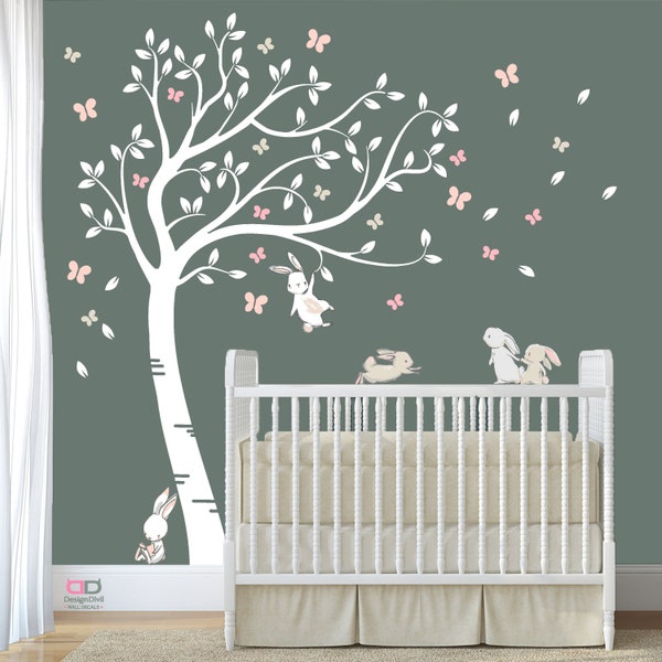 Luxury Full Sized Pastel Water Coloured Playful Bunny Rabbits Tree. Nursery Home Decor Room Wall Art Decal Sticker.